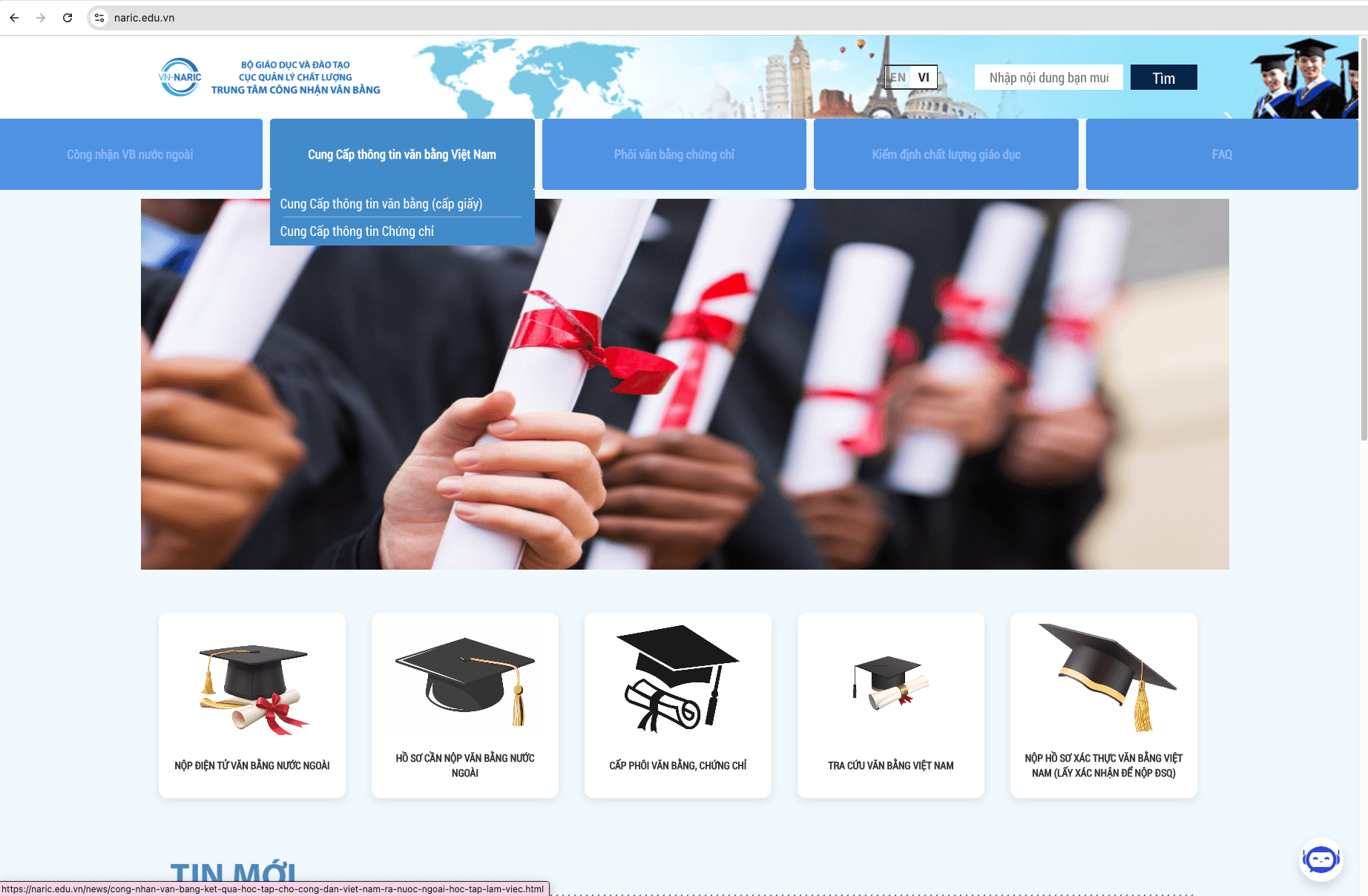 Trang chủ naric.edu.vn — chọn menu Cung Cấp thông tin văn bằng Việt Nam