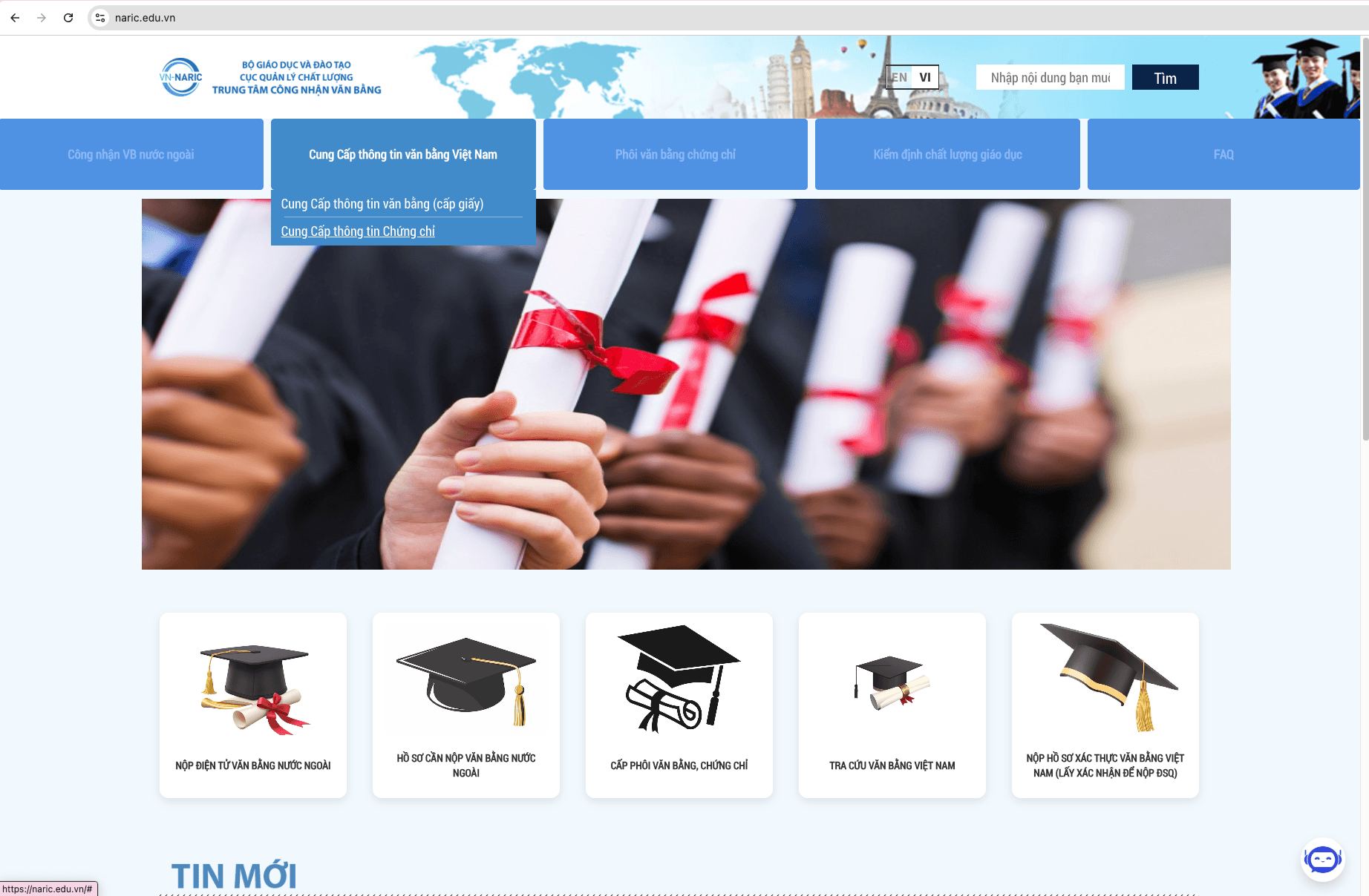Chọn mục Cung Cấp thông tin Chứng chỉ trong dropdown menu