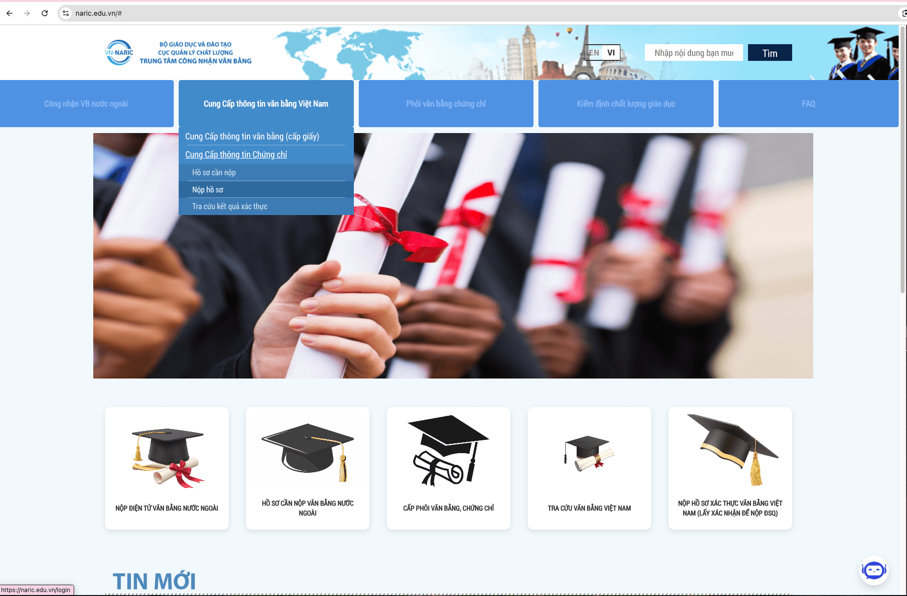 Chọn mục Nộp hồ sơ để bắt đầu quy trình xác thực bằng cấp