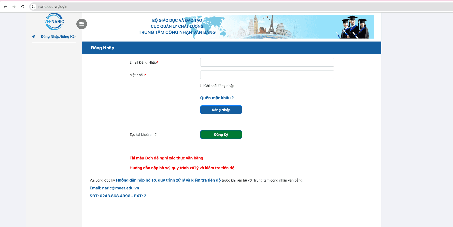 Trang đăng nhập NARIC — đăng nhập nếu đã có tài khoản, hoặc nhấn Đăng Ký để tạo mới