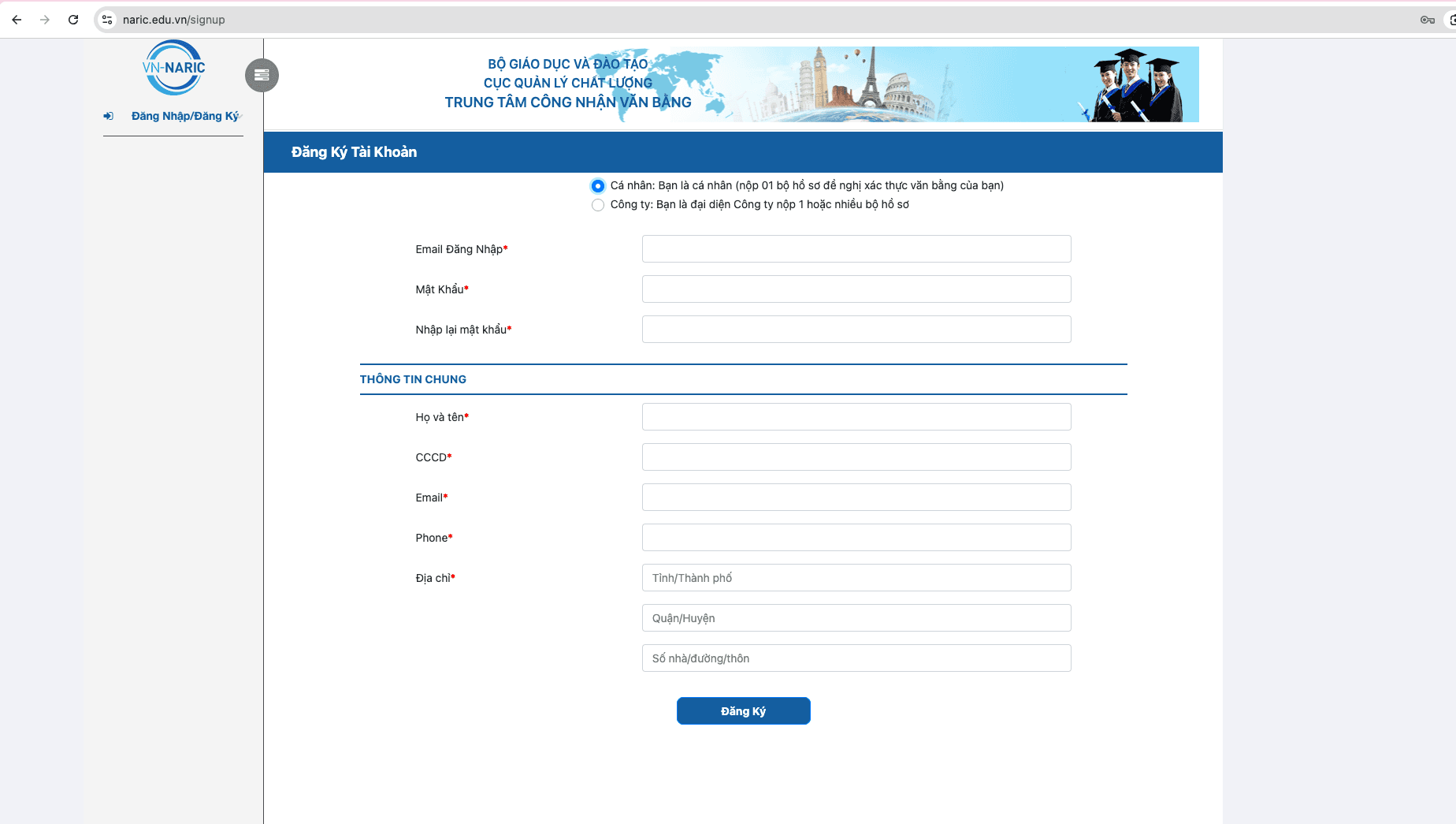 Form đăng ký tài khoản NARIC — nhớ chọn mục Cá nhân