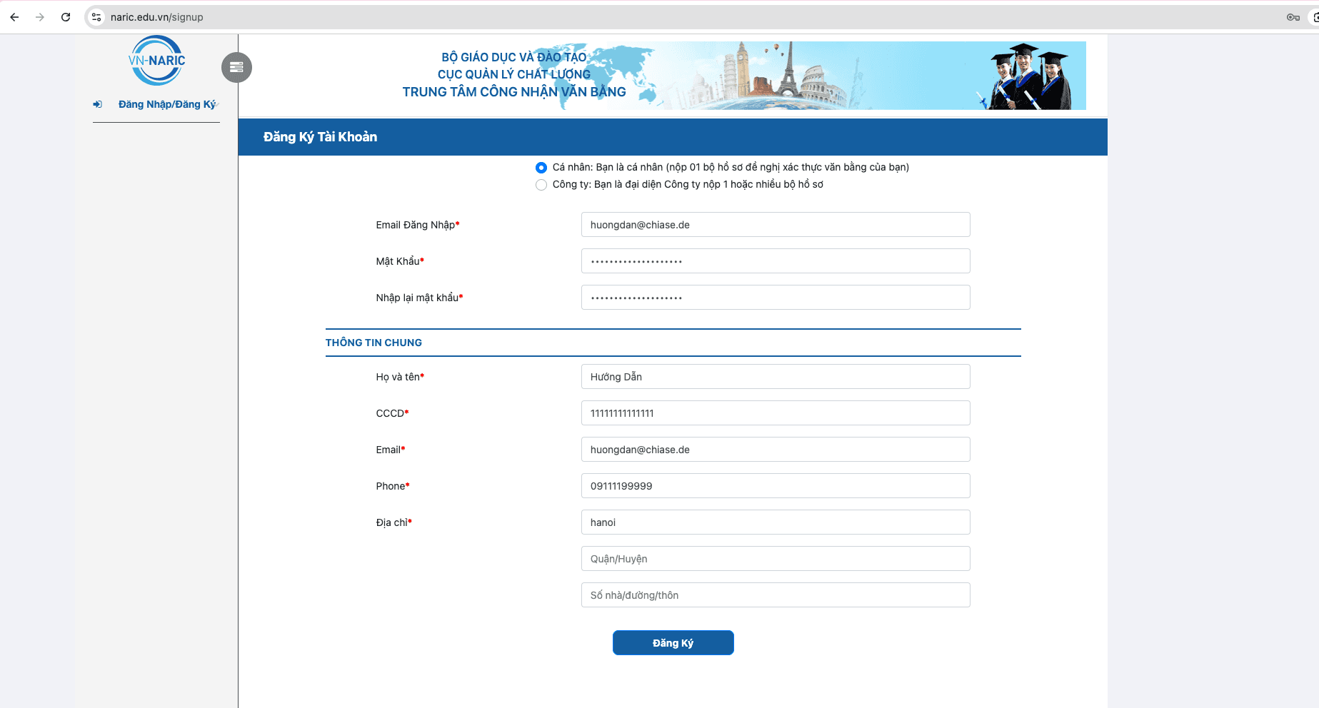 Ví dụ điền form đăng ký tài khoản NARIC hoàn chỉnh