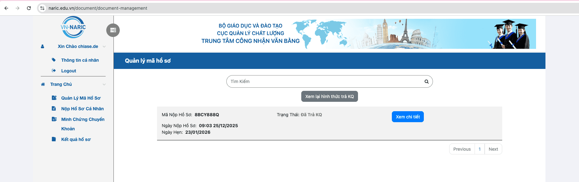 Trang quản lý hồ sơ — hiển thị mã hồ sơ, ngày nộp, ngày hẹn, trạng thái Đã Trả KQ