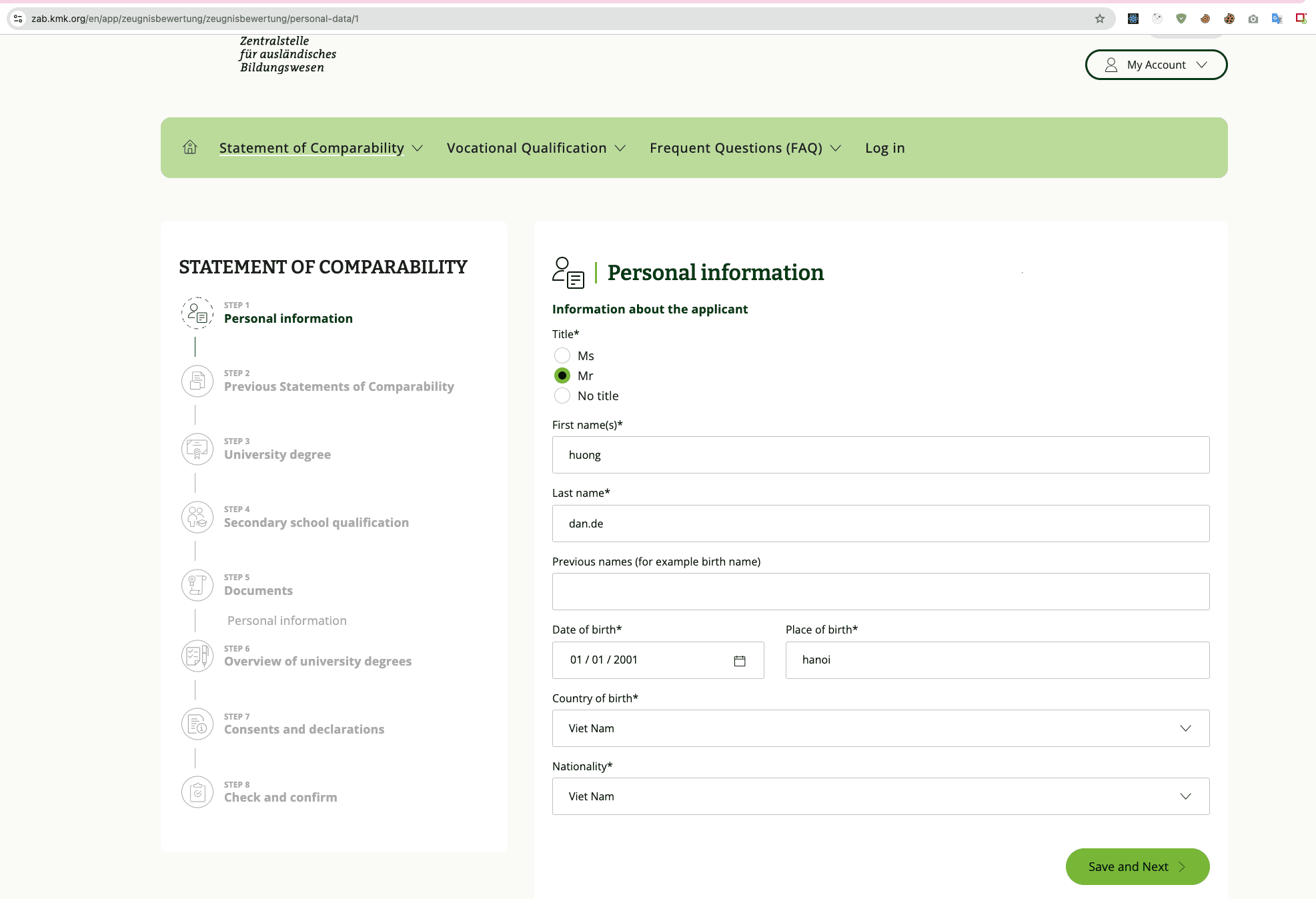 Step 1 — điền thông tin cá nhân: tên, ngày sinh, quốc tịch