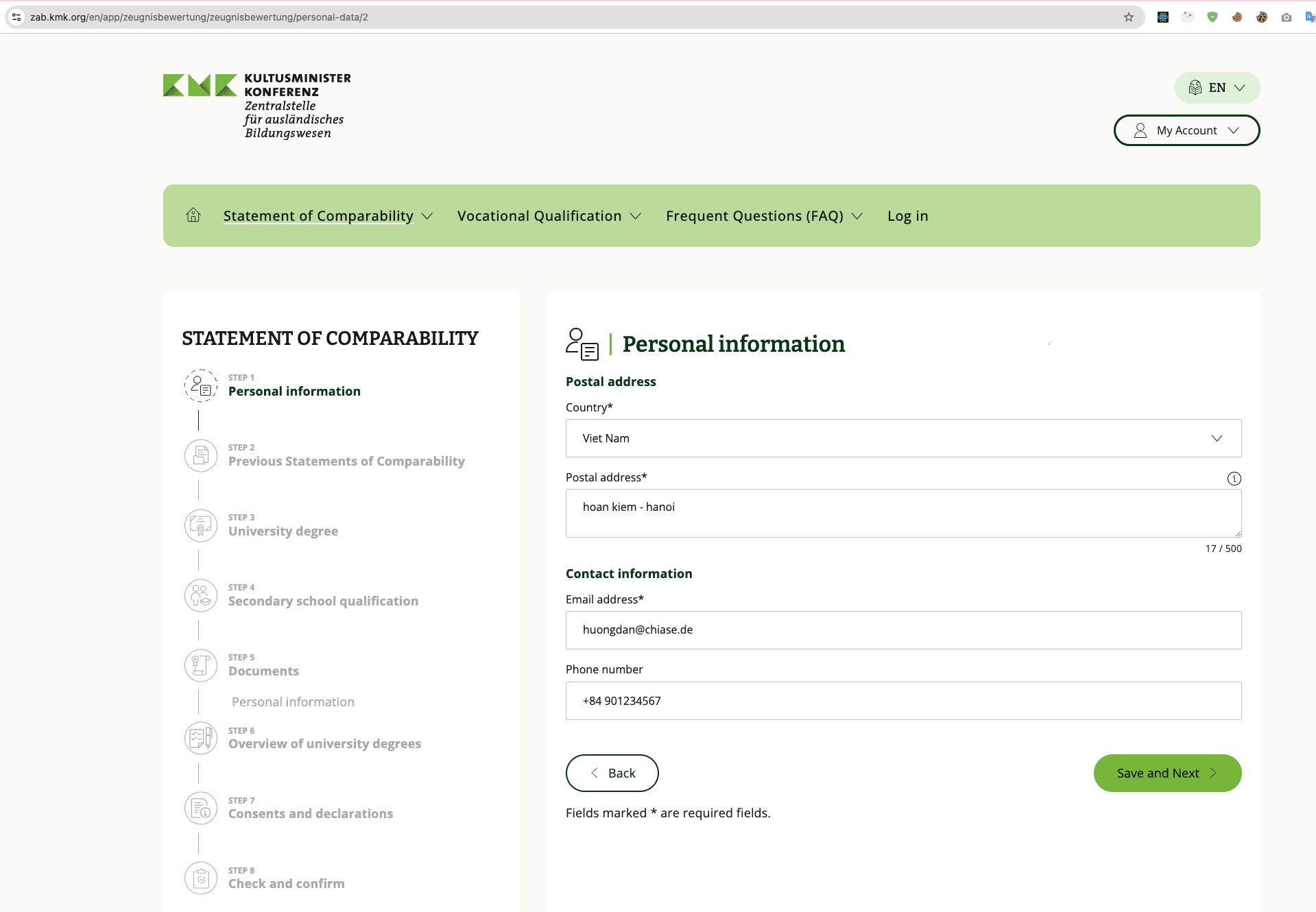 Step 1 tiếp — điền địa chỉ, email, số điện thoại