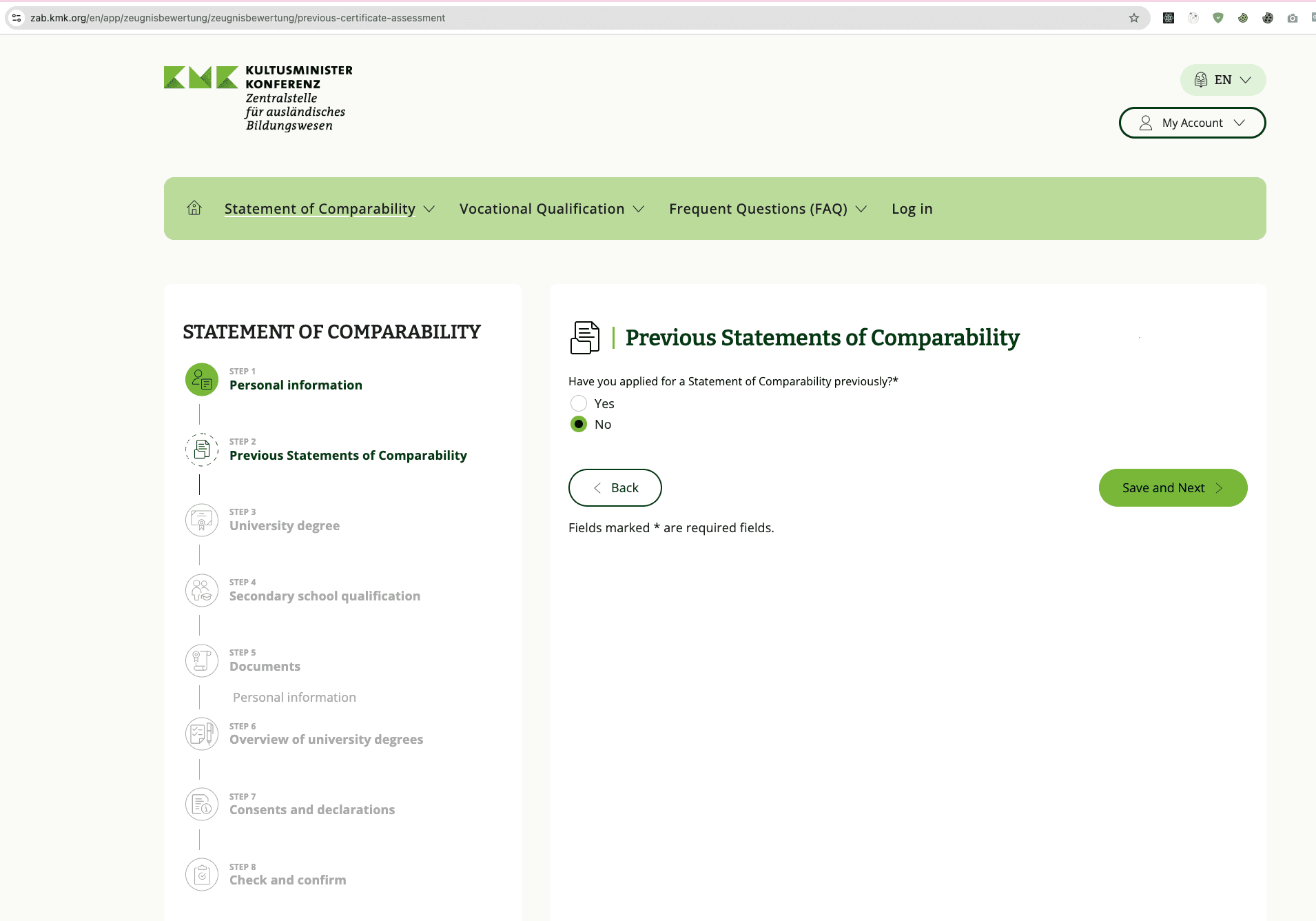 Step 2 — chọn No nếu chưa từng nộp đơn đánh giá bằng