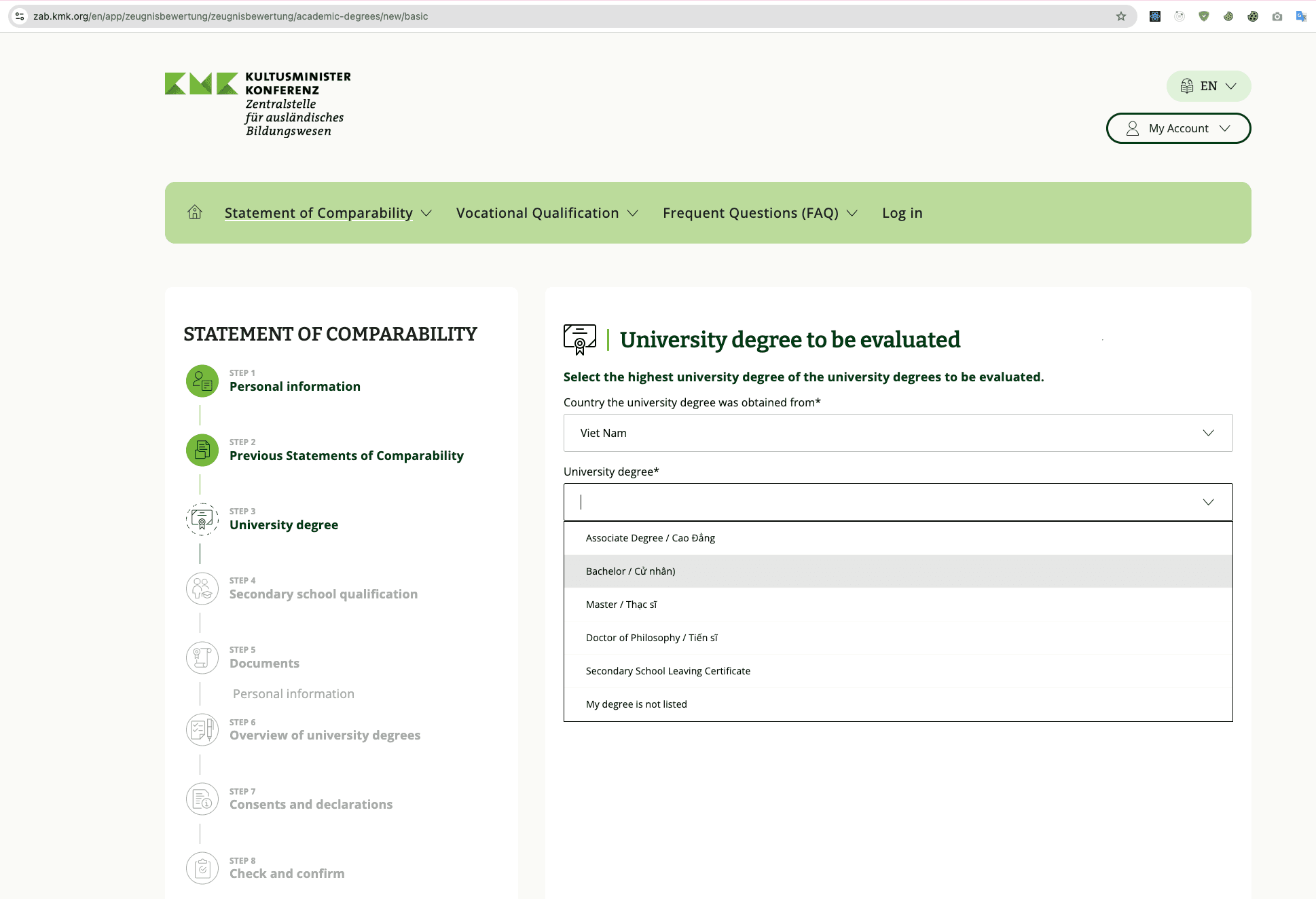 Step 3 — chọn quốc gia Viet Nam và loại bằng Bachelor / Cử nhân