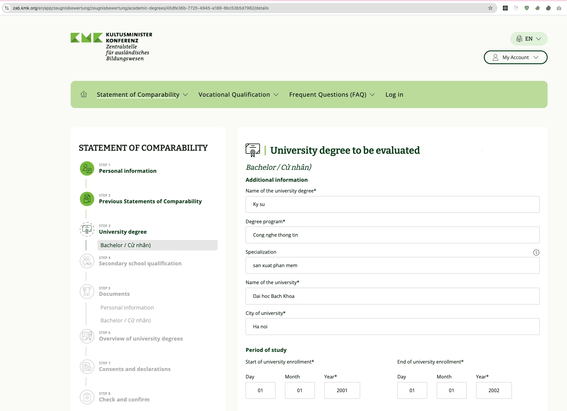 Step 3 tiếp — điền tên bằng, ngành học, trường, thời gian học