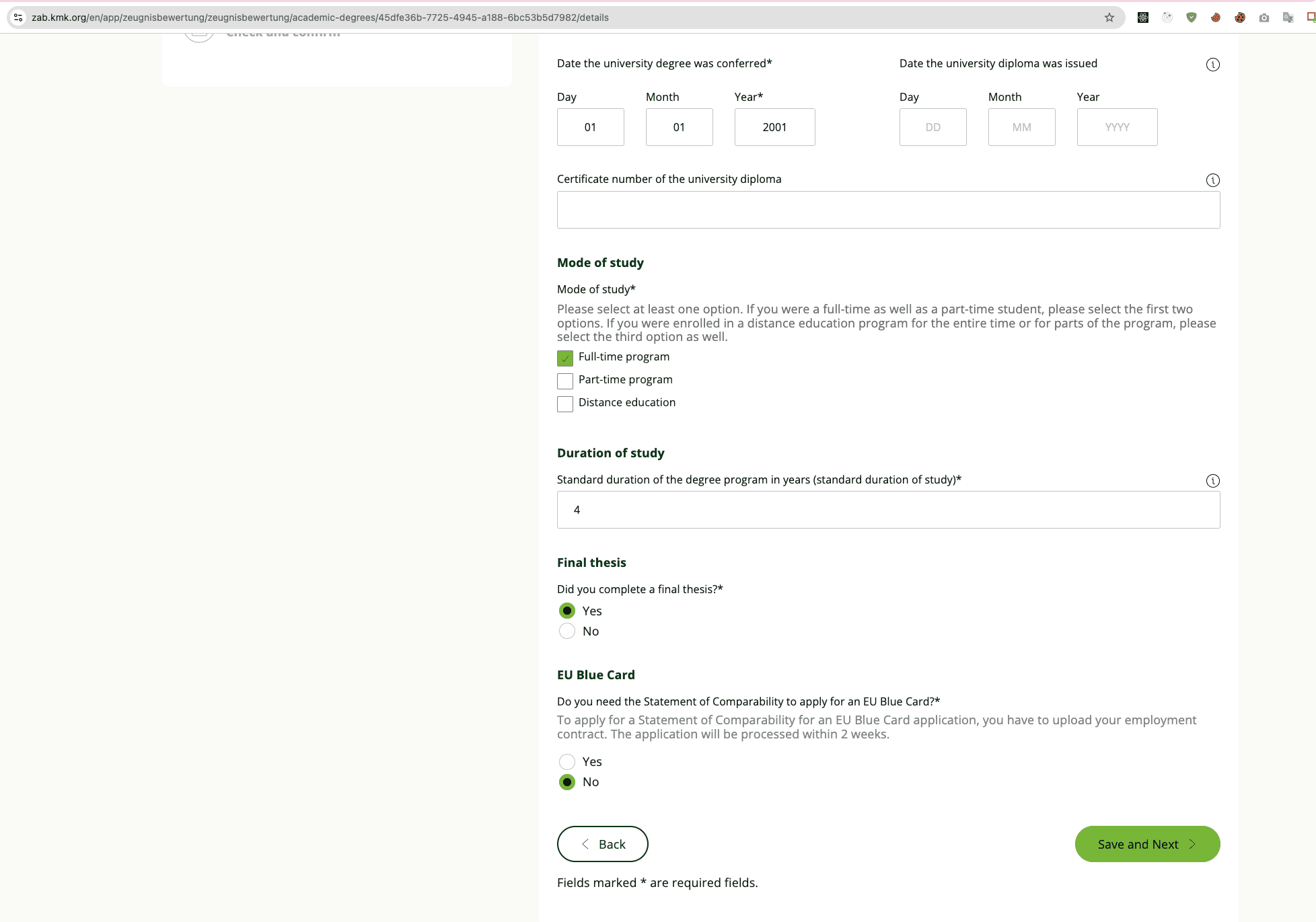 Step 3 tiếp — mode of study, duration, final thesis, EU Blue Card