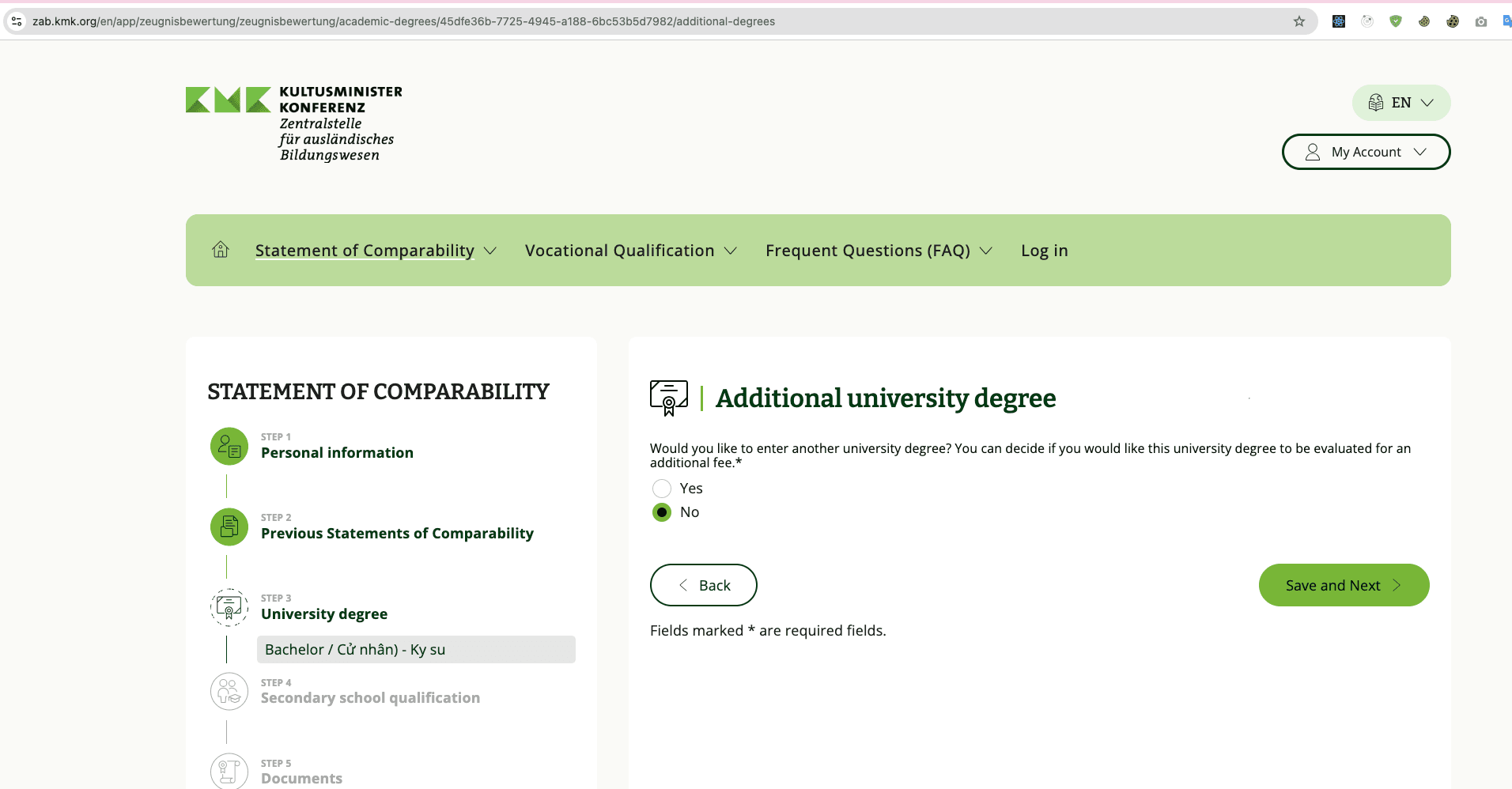 Additional university degree — chọn No nếu chỉ có 1 bằng