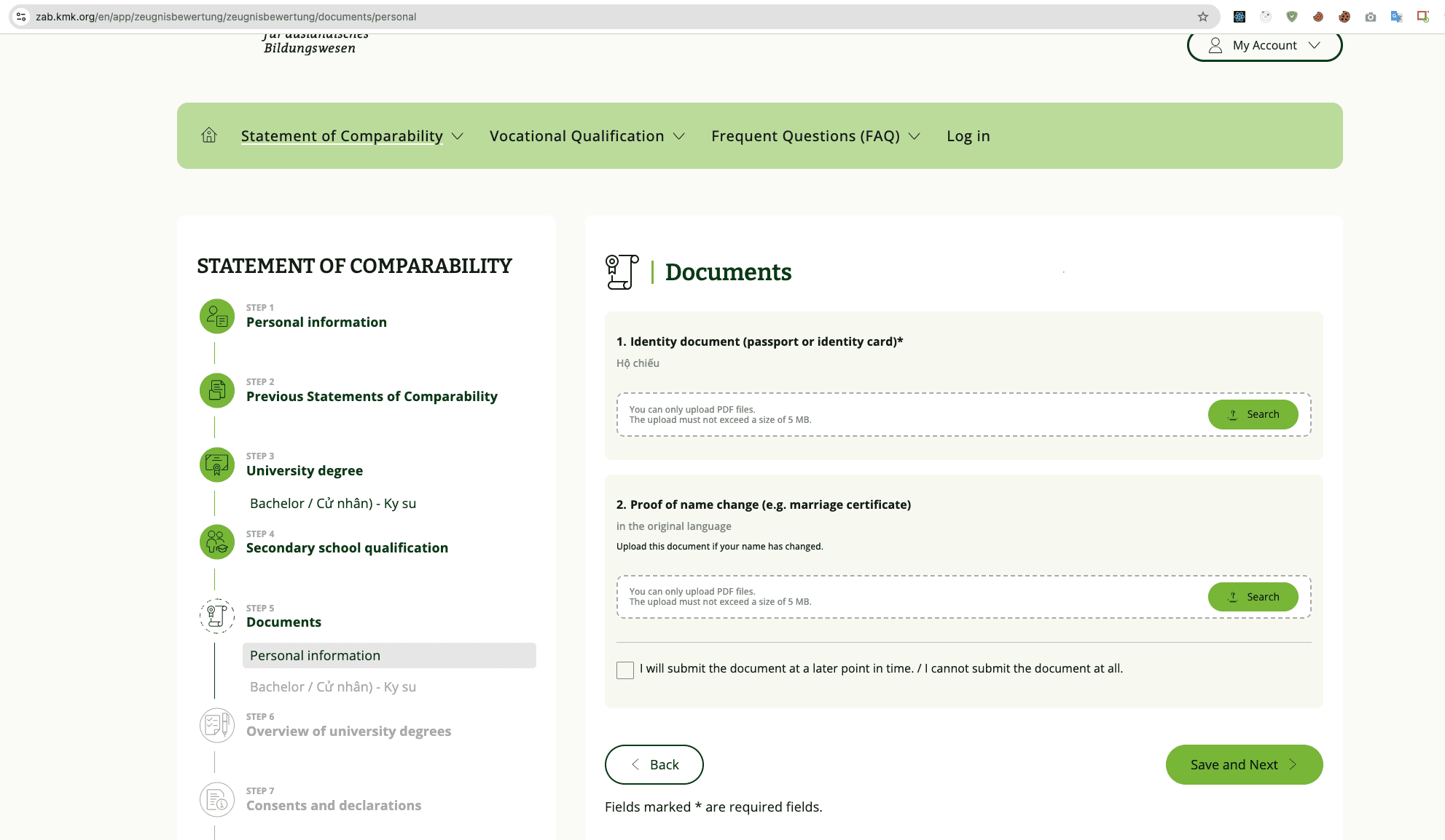 Step 5 — upload hộ chiếu (PDF, tối đa 5MB)