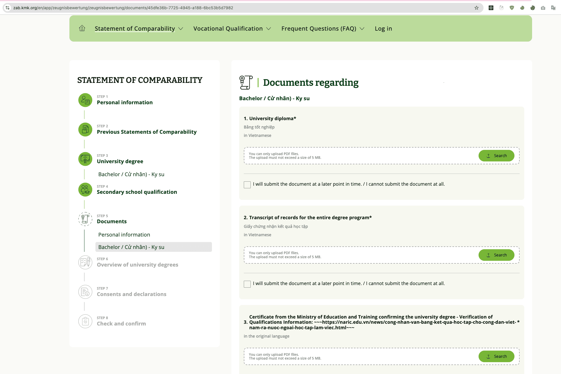Step 5 tiếp — upload bằng tốt nghiệp, bảng điểm, chứng nhận NARIC