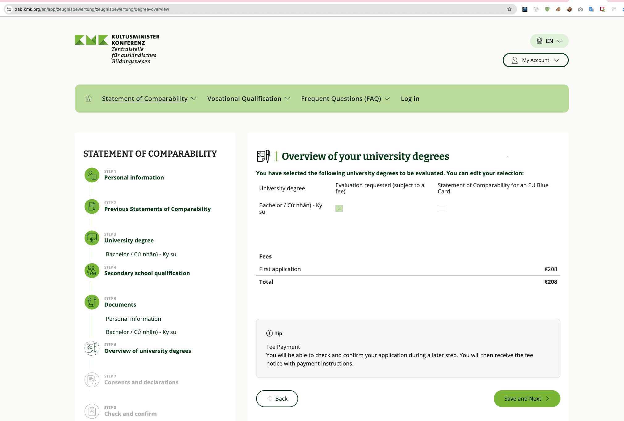 Step 6 — tổng quan bằng cấp và phí €208