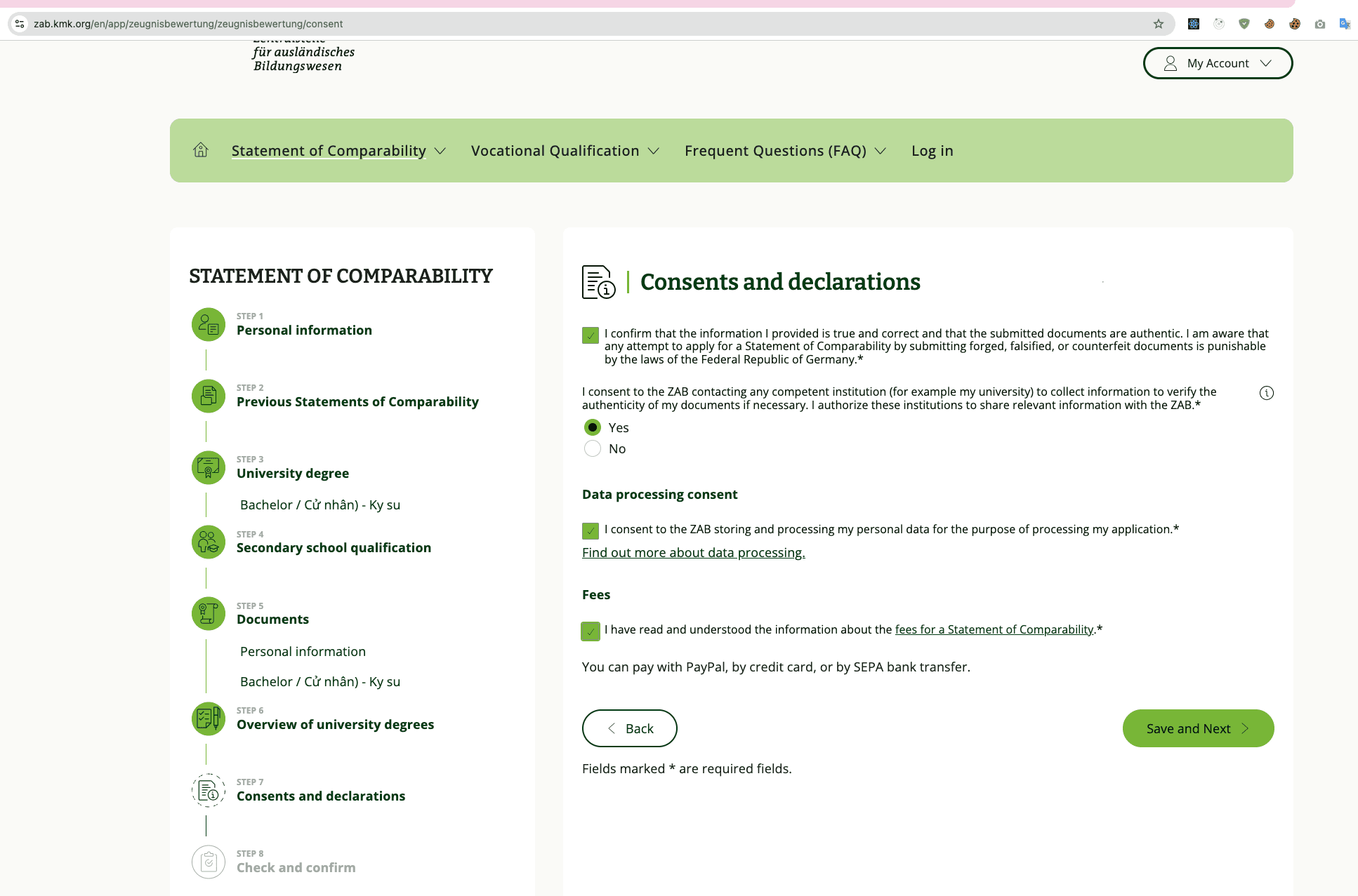 Step 7 — tick tất cả consents và declarations