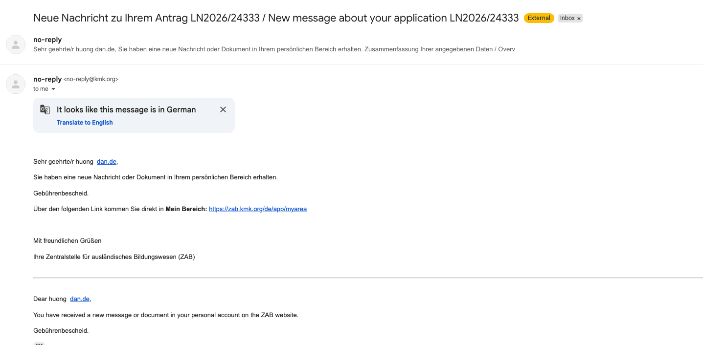 Email xác nhận từ ZAB với mã hồ sơ LN2026/24333