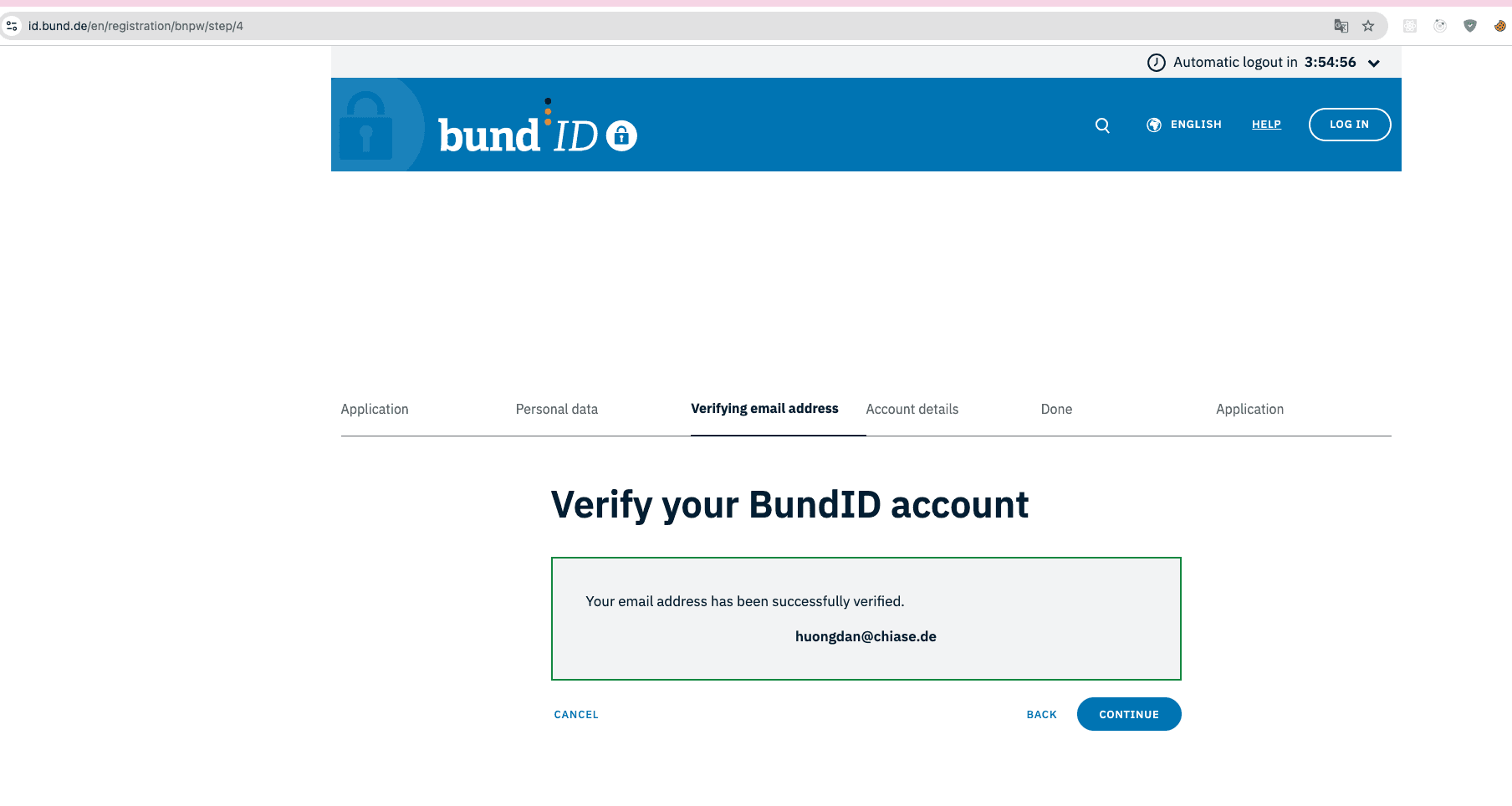 Xác nhận email thành công — nhấn CONTINUE