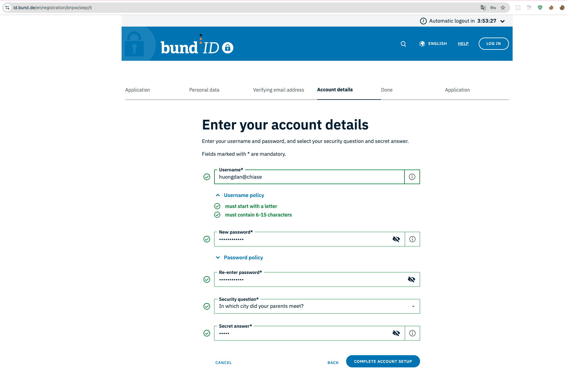 Form Account details — tạo username, password, câu hỏi bảo mật