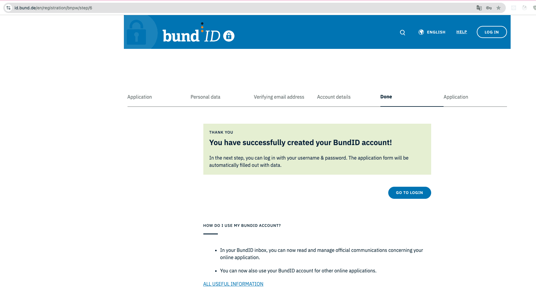 Tạo tài khoản BundID thành công — nhấn GO TO LOGIN