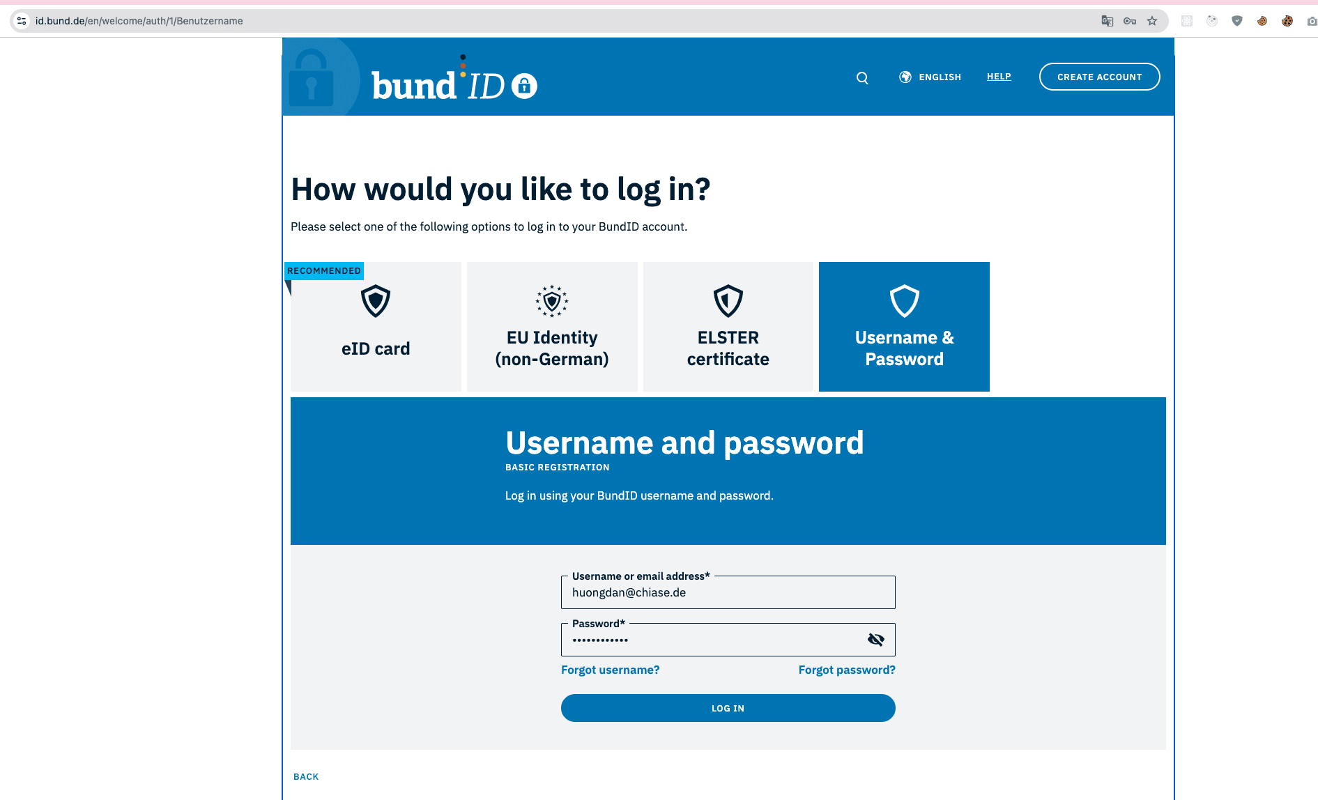 Đăng nhập BundID bằng Username & Password vừa tạo