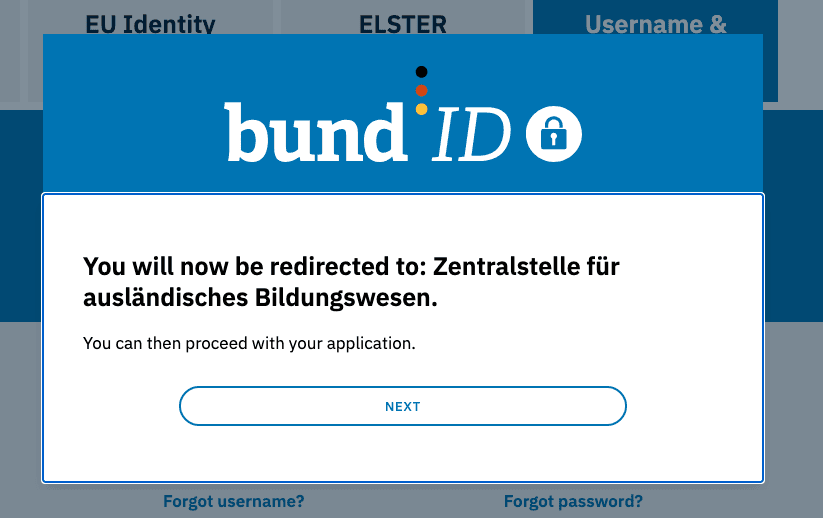Thông báo chuyển hướng về trang ZAB — nhấn NEXT