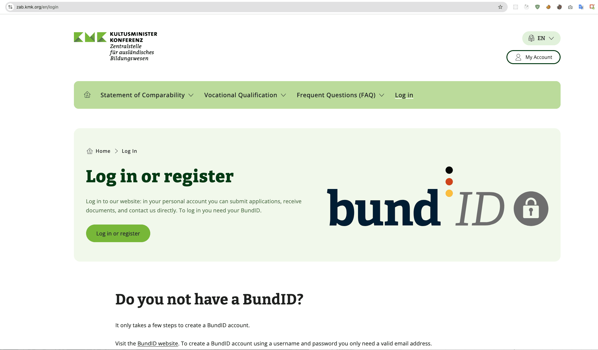 Trang Log in or register — nhấn nút để chuyển sang BundID