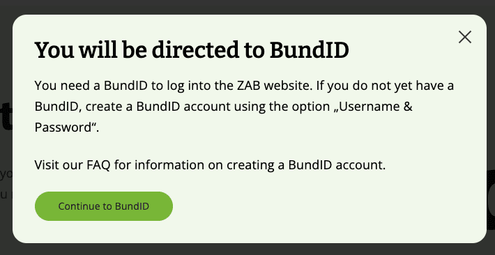 Popup thông báo chuyển hướng đến BundID — nhấn Continue to BundID