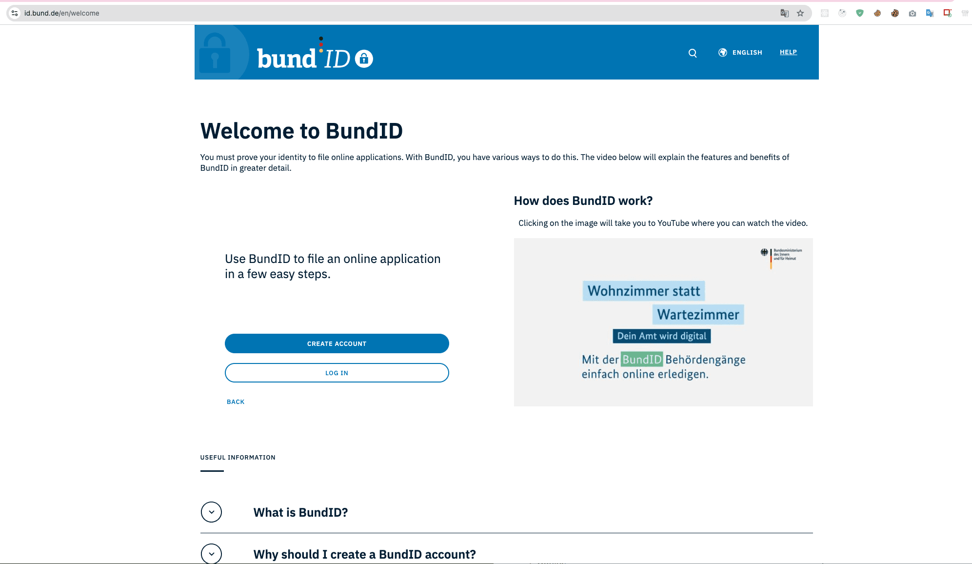 Trang Welcome to BundID — nhấn CREATE ACCOUNT