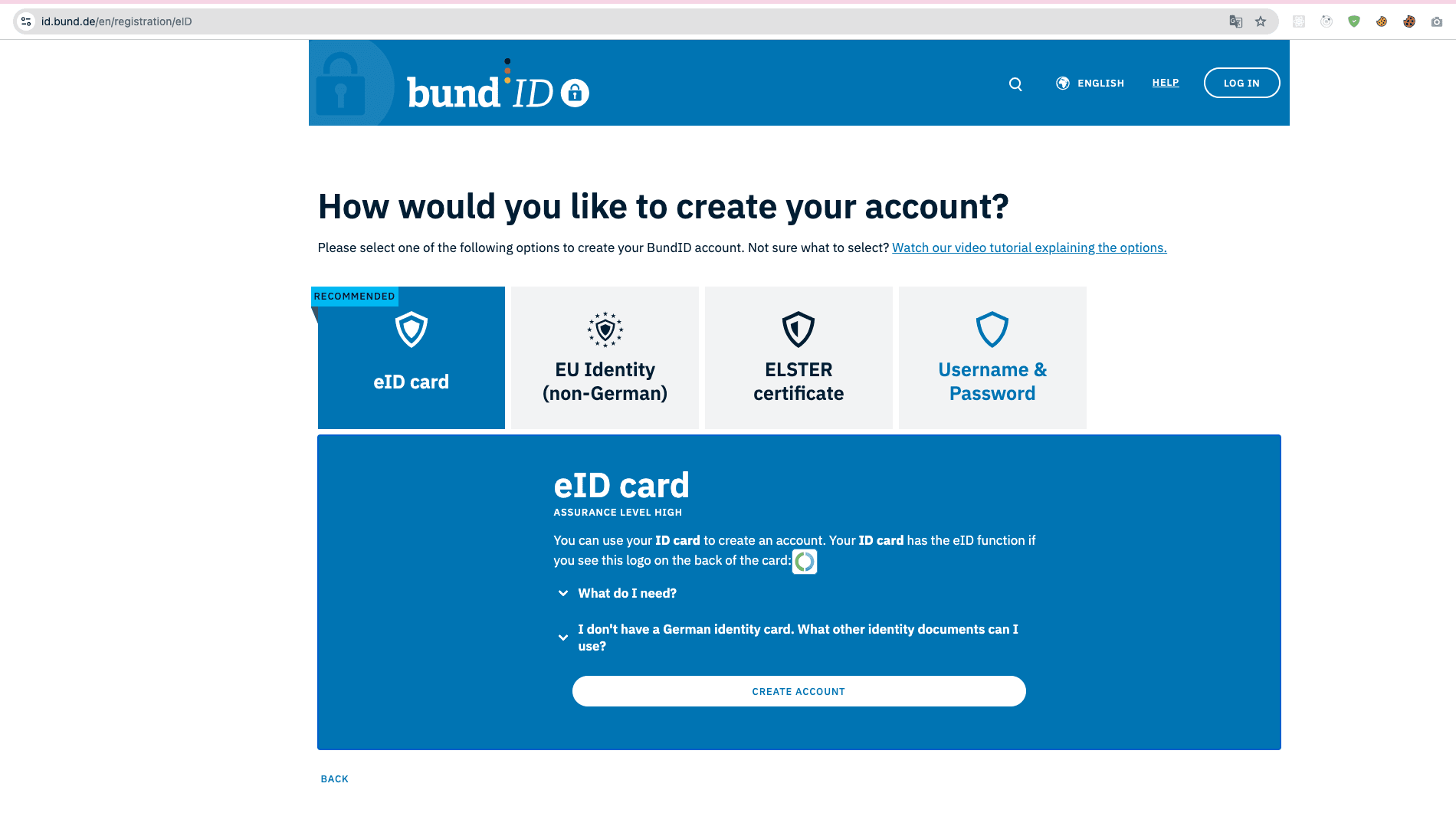Chọn phương thức tạo tài khoản — chọn Username & Password vì không có eID