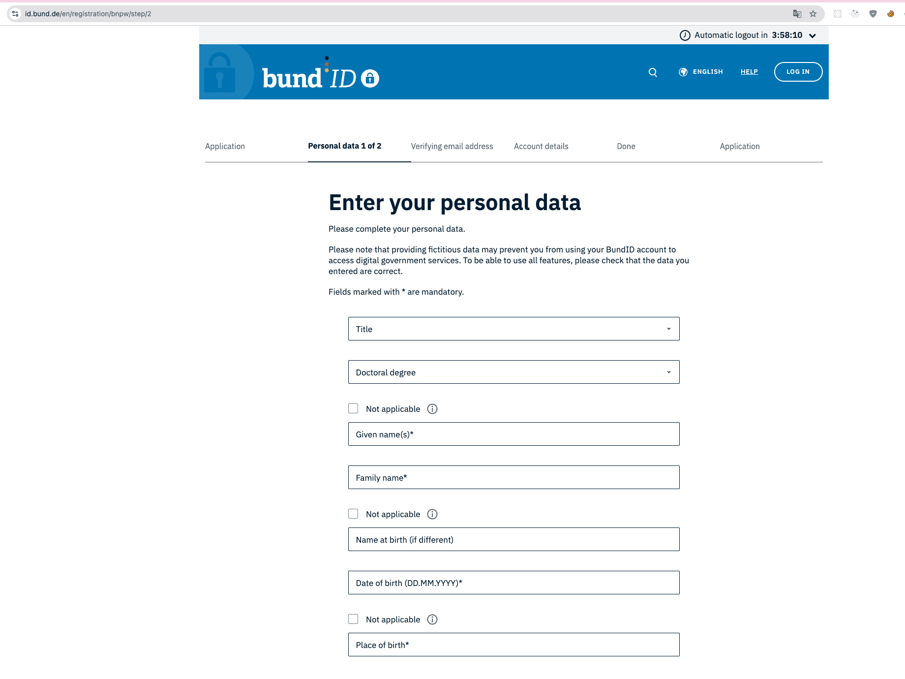 Form Personal data 1 of 2 — điền thông tin cá nhân