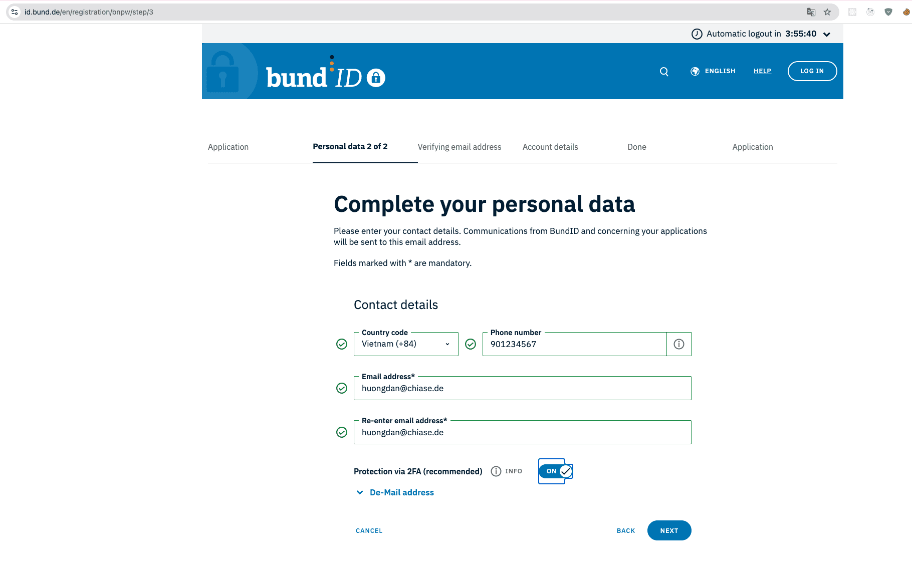 Form Personal data 2 of 2 — điền số điện thoại, email, bật 2FA